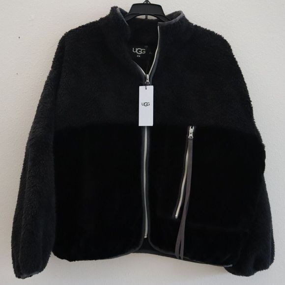 UGG 1117741 Women's Sz Medium Black Marlene Faux Fur Sherpa Jacket $128 - Picture 1 of 13